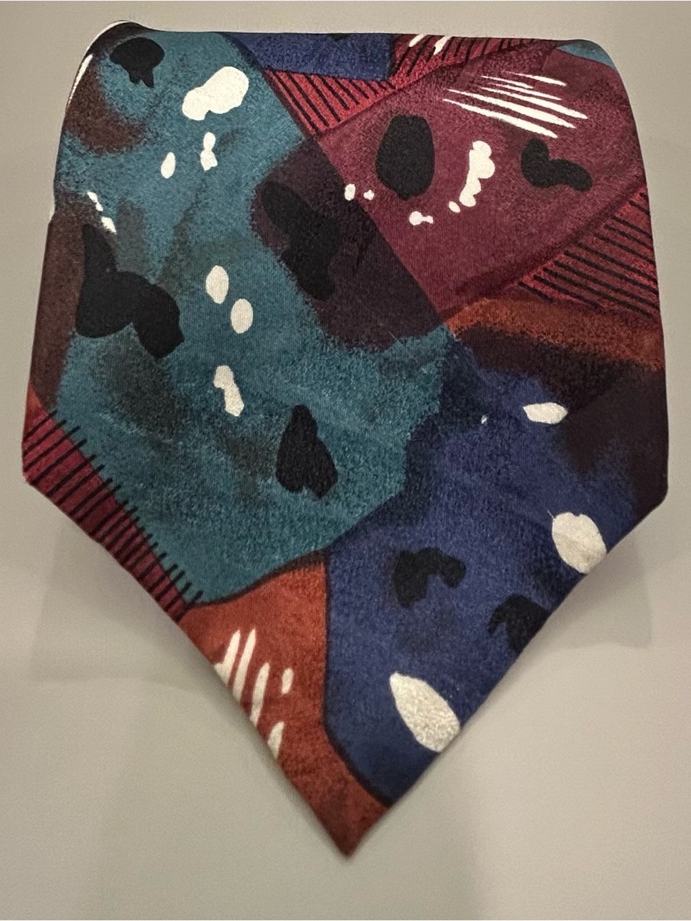 Vintage 100% Italian Bugatti Silk Tie in Blue, Teal & Burgundy Made in the USA